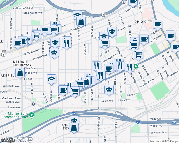 map of restaurants, bars, coffee shops, grocery stores, and more near 1907 West 47th Street in Cleveland