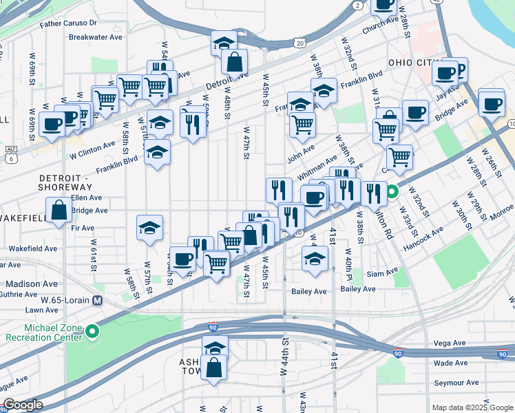 map of restaurants, bars, coffee shops, grocery stores, and more near 1907 West 47th Street in Cleveland