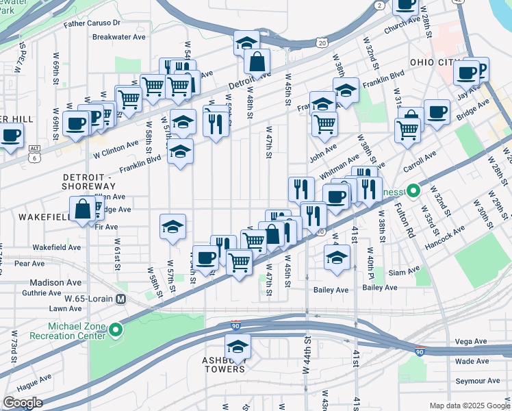 map of restaurants, bars, coffee shops, grocery stores, and more near 189 Bridge Court in Cleveland
