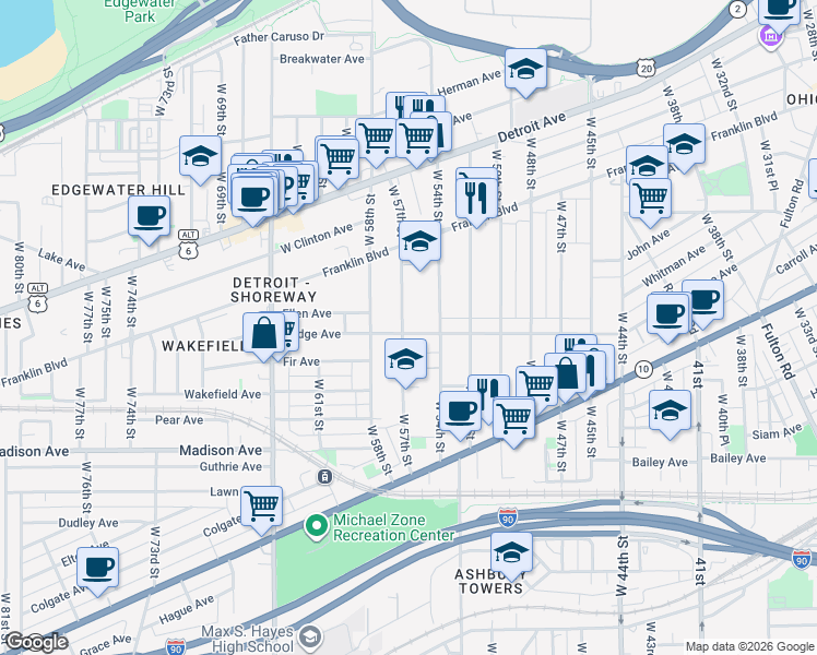 map of restaurants, bars, coffee shops, grocery stores, and more near in Cleveland