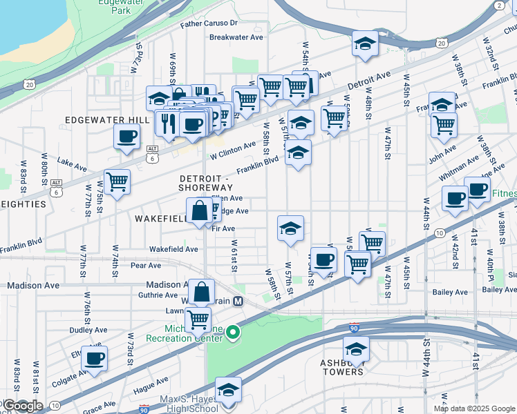 map of restaurants, bars, coffee shops, grocery stores, and more near 5901 Ellen Avenue in Cleveland
