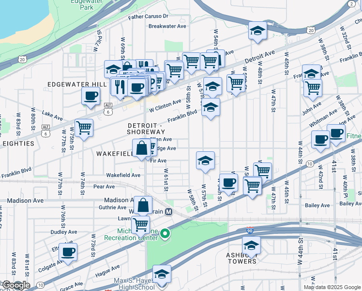 map of restaurants, bars, coffee shops, grocery stores, and more near 5901 Ellen Avenue in Cleveland