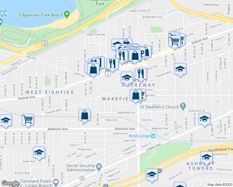 map of restaurants, bars, coffee shops, grocery stores, and more near 6909 Franklin Boulevard in Cleveland