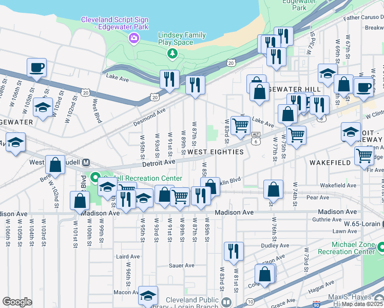 map of restaurants, bars, coffee shops, grocery stores, and more near 1387 West 87th Street in Cleveland