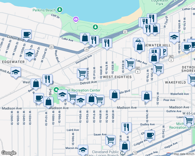 map of restaurants, bars, coffee shops, grocery stores, and more near in Cleveland