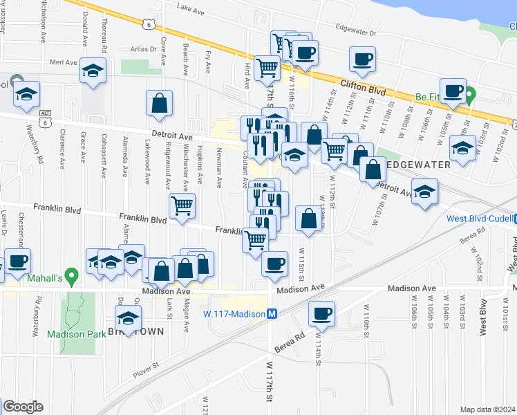 map of restaurants, bars, coffee shops, grocery stores, and more near 11709 Nelson Court in Lakewood