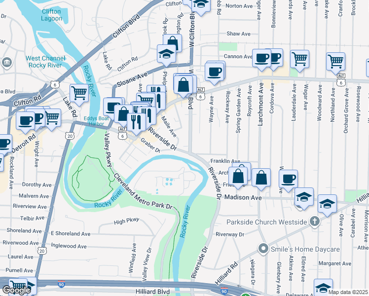 map of restaurants, bars, coffee shops, grocery stores, and more near 1495 Riverside Drive in Lakewood