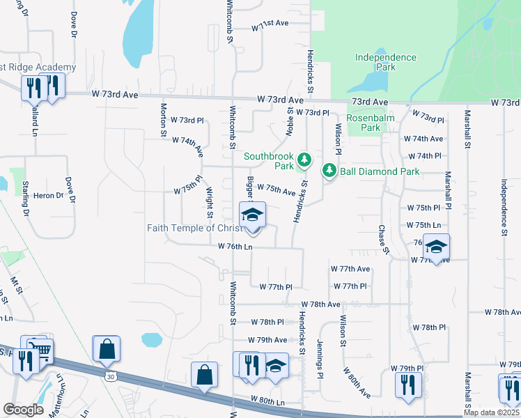 map of restaurants, bars, coffee shops, grocery stores, and more near 3745-3755 West 75th Court in Merrillville