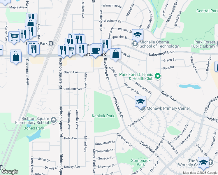 map of restaurants, bars, coffee shops, grocery stores, and more near 352 Blackhawk Drive in Park Forest