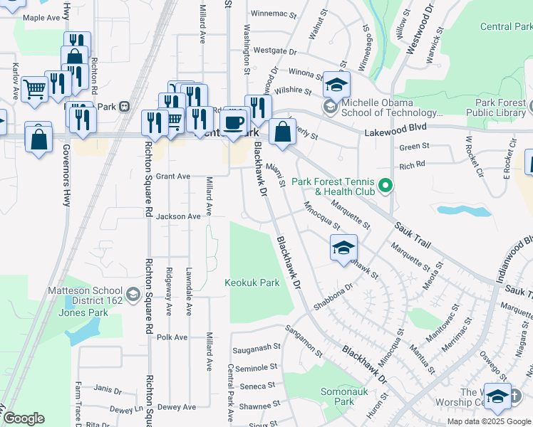 map of restaurants, bars, coffee shops, grocery stores, and more near 352 Blackhawk Drive in Park Forest