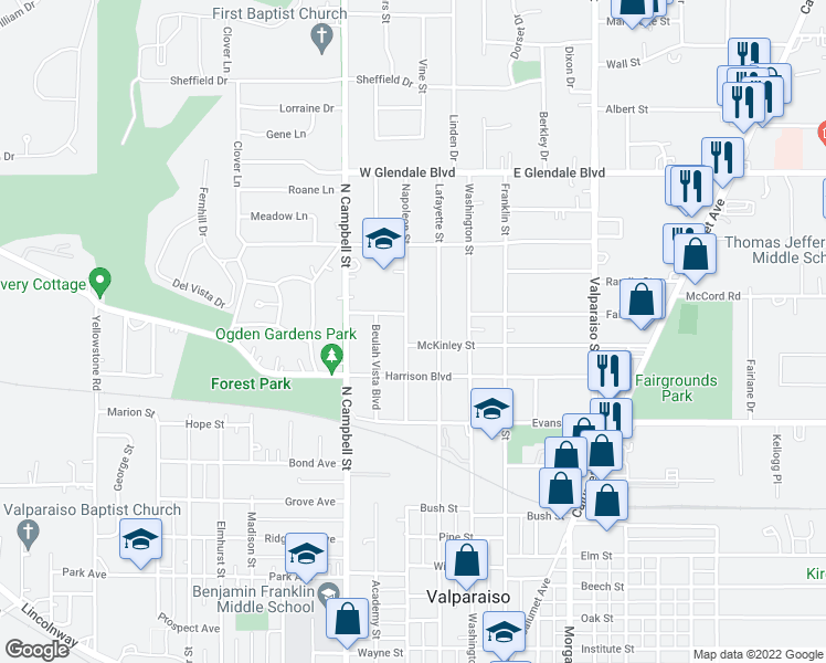 map of restaurants, bars, coffee shops, grocery stores, and more near 1302 Napoleon Street in Valparaiso