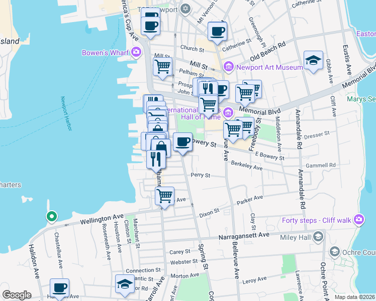 map of restaurants, bars, coffee shops, grocery stores, and more near 23 Anthony Street in Newport