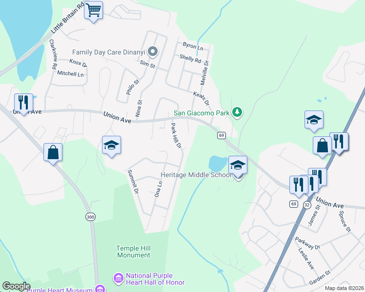map of restaurants, bars, coffee shops, grocery stores, and more near 13 Park Hill Drive in New Windsor
