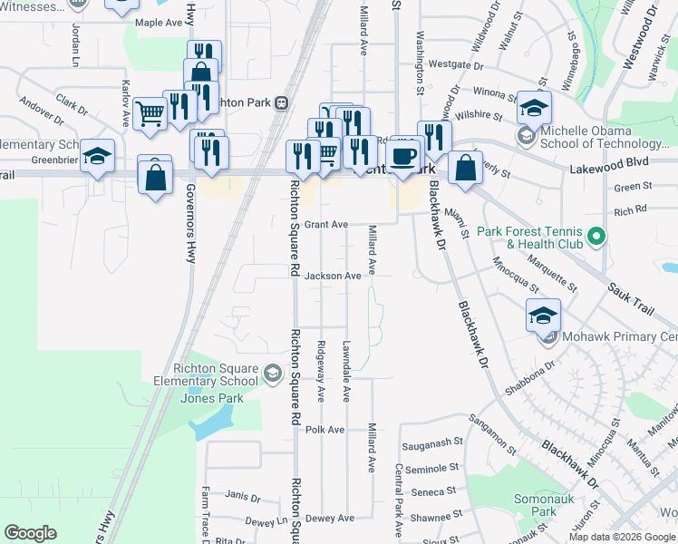 map of restaurants, bars, coffee shops, grocery stores, and more near 22448 Lawndale Avenue in Richton Park