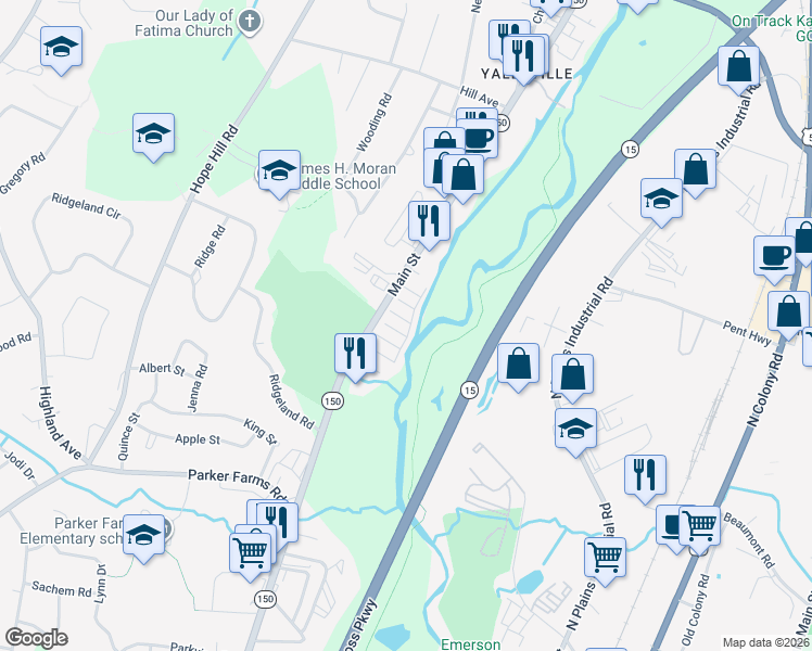 map of restaurants, bars, coffee shops, grocery stores, and more near 41 Yalesville Square in Wallingford