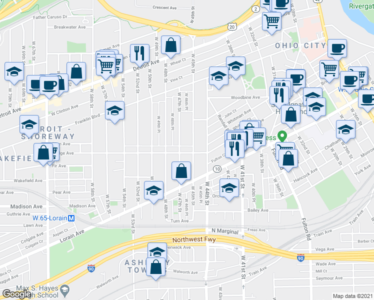 map of restaurants, bars, coffee shops, grocery stores, and more near 1907 West 47th Street in Cleveland