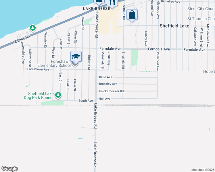 map of restaurants, bars, coffee shops, grocery stores, and more near 4138 Brockley Avenue in Sheffield Lake