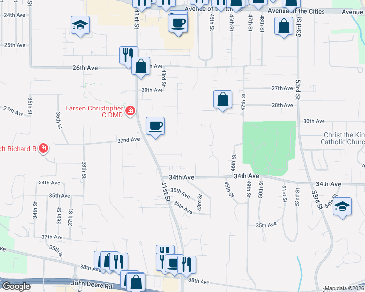 map of restaurants, bars, coffee shops, grocery stores, and more near 4205 33rd Avenue in Moline