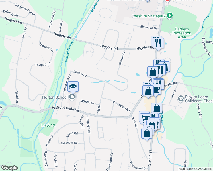 map of restaurants, bars, coffee shops, grocery stores, and more near 936 Ott Drive in Cheshire