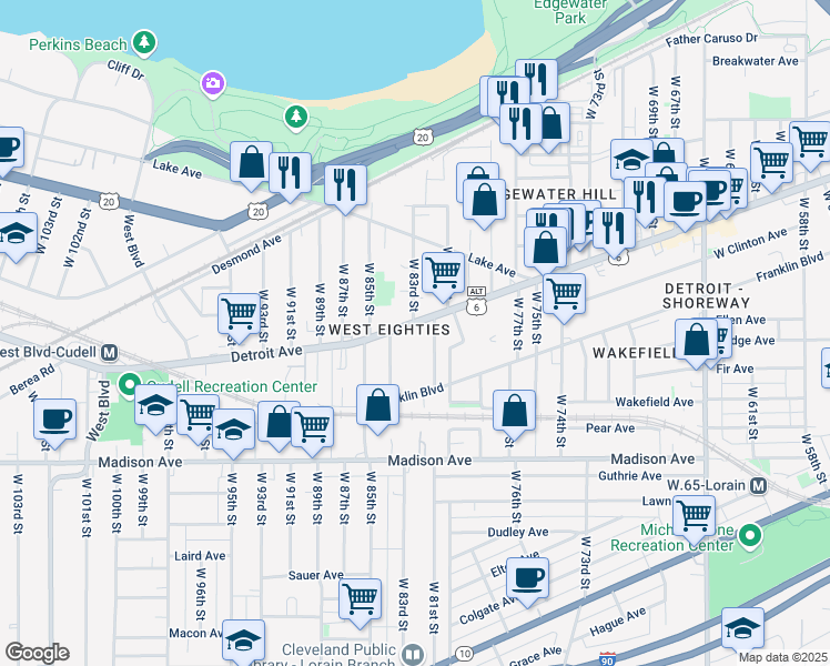 map of restaurants, bars, coffee shops, grocery stores, and more near 8301 Detroit Avenue in Cleveland