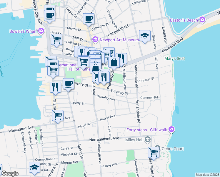 map of restaurants, bars, coffee shops, grocery stores, and more near 20 East Bowery Street in Newport