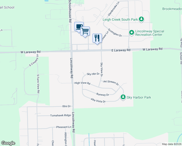 map of restaurants, bars, coffee shops, grocery stores, and more near 2155 Sky Harbor Drive in New Lenox