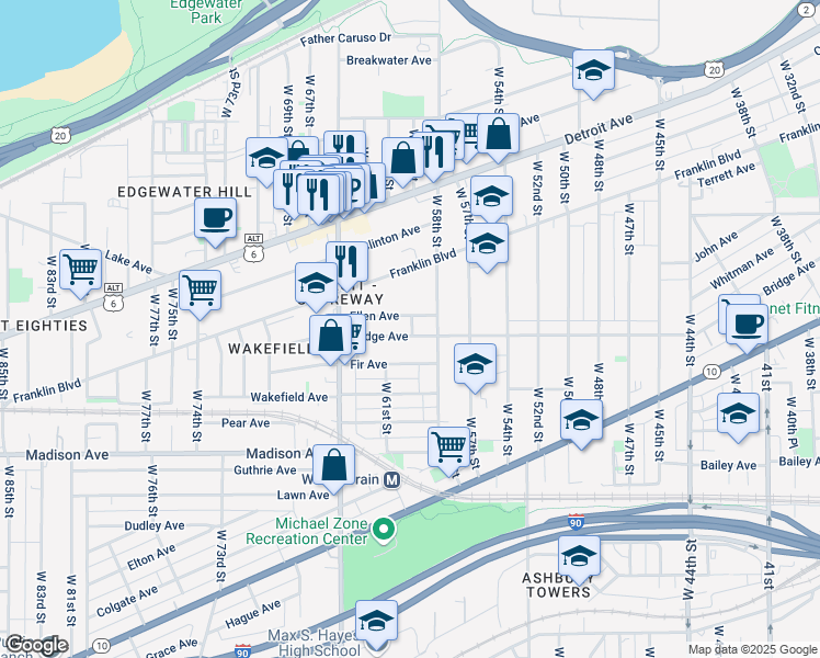 map of restaurants, bars, coffee shops, grocery stores, and more near 5902 Bridge Avenue in Cleveland