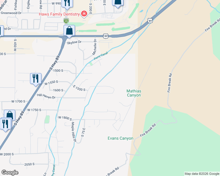 map of restaurants, bars, coffee shops, grocery stores, and more near 1555 U.S. 89 in Brigham City