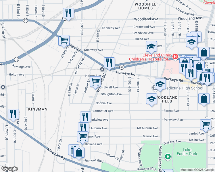 map of restaurants, bars, coffee shops, grocery stores, and more near 2864 East 97th Street in Cleveland