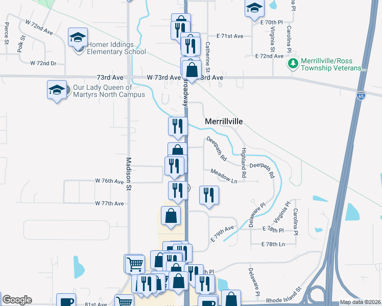 map of restaurants, bars, coffee shops, grocery stores, and more near 7509 Broadway in Merrillville