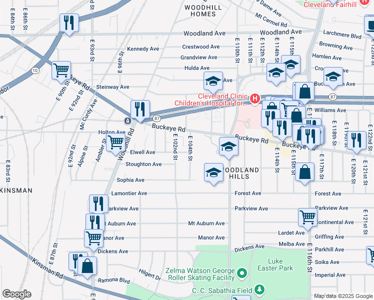 map of restaurants, bars, coffee shops, grocery stores, and more near 10309 Elwell Avenue in Cleveland