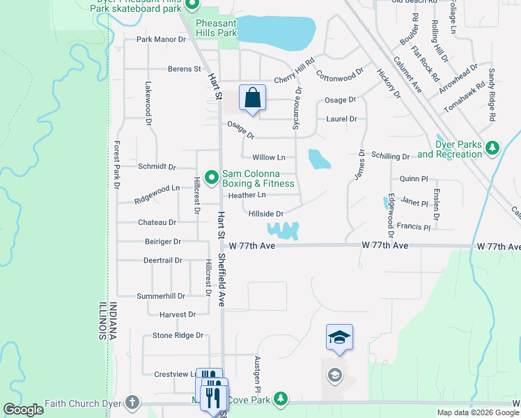 map of restaurants, bars, coffee shops, grocery stores, and more near 501 Hillside Drive in Dyer