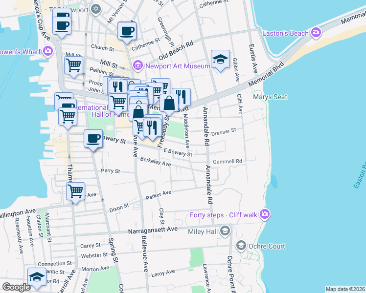 map of restaurants, bars, coffee shops, grocery stores, and more near 11 Weaver Avenue in Newport