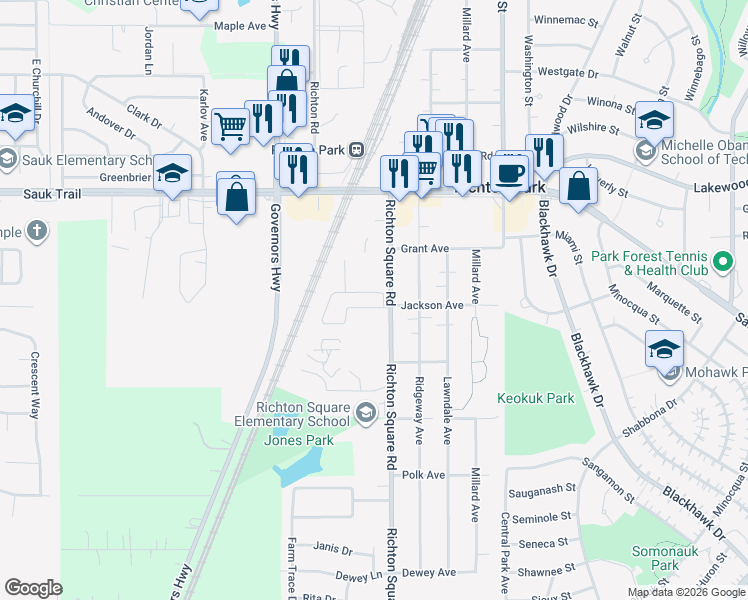 map of restaurants, bars, coffee shops, grocery stores, and more near 22424 York Court in Richton Park