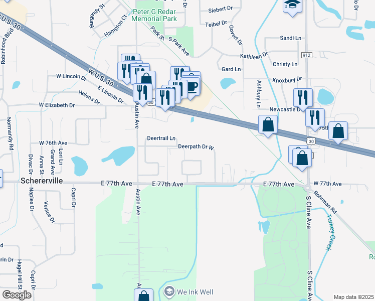 map of restaurants, bars, coffee shops, grocery stores, and more near 343 Deerpath Drive West in Schererville