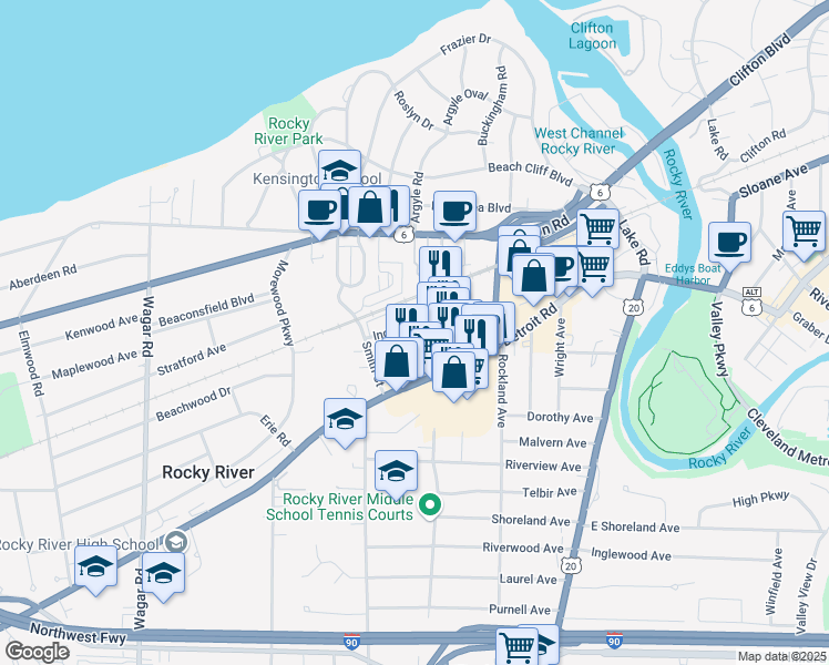 map of restaurants, bars, coffee shops, grocery stores, and more near 19851 Ingersoll Drive in Rocky River