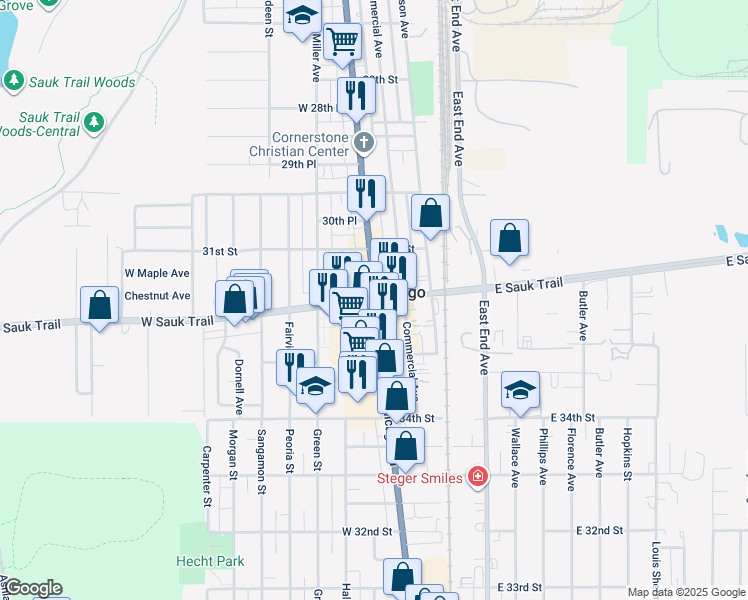 map of restaurants, bars, coffee shops, grocery stores, and more near in South Chicago Heights