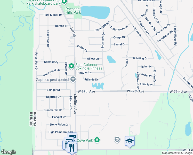 map of restaurants, bars, coffee shops, grocery stores, and more near 535 Hillside Drive in Dyer