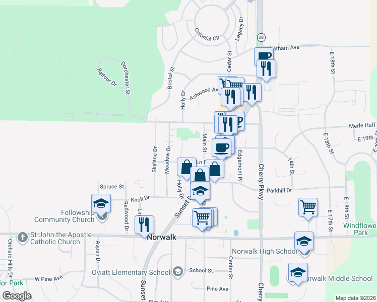 map of restaurants, bars, coffee shops, grocery stores, and more near 1305 Main Street in Norwalk