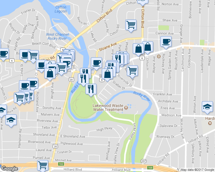 map of restaurants, bars, coffee shops, grocery stores, and more near 18865 Detroit Extension in Lakewood