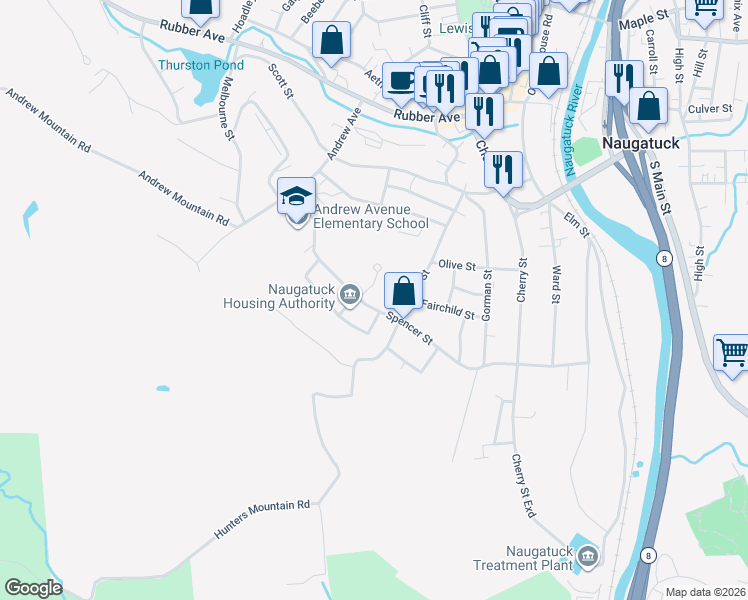 map of restaurants, bars, coffee shops, grocery stores, and more near 13 Lewis Circle in Naugatuck