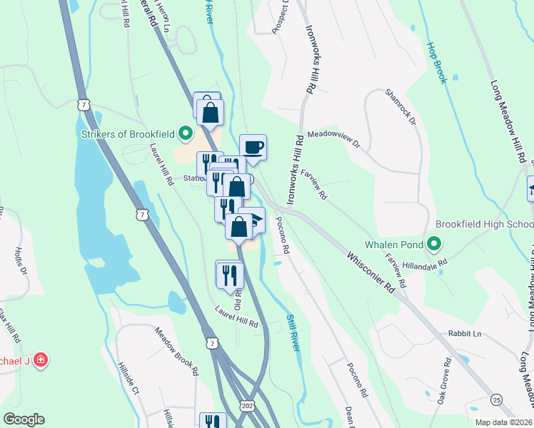 map of restaurants, bars, coffee shops, grocery stores, and more near 176 Pocono Road in Brookfield