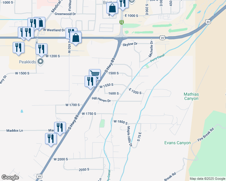 map of restaurants, bars, coffee shops, grocery stores, and more near 74 1600 South in Brigham City