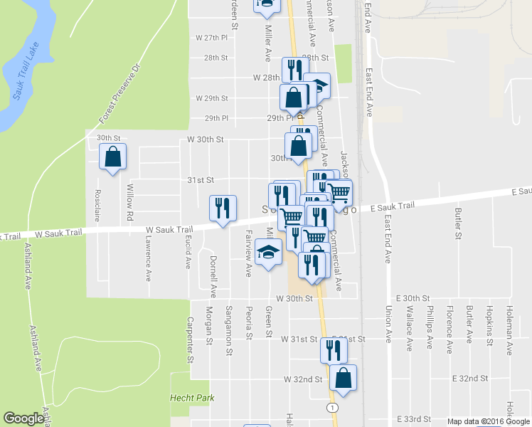 map of restaurants, bars, coffee shops, grocery stores, and more near 125 W Sauk Trail in Chicago Heights