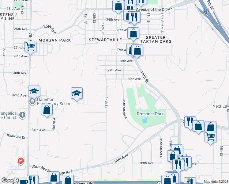 map of restaurants, bars, coffee shops, grocery stores, and more near 3103 15th Street in Moline