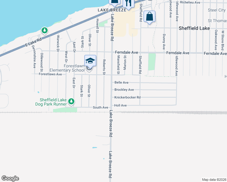 map of restaurants, bars, coffee shops, grocery stores, and more near 949 Lake Breeze Road in Sheffield Lake