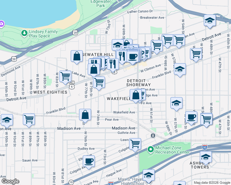 map of restaurants, bars, coffee shops, grocery stores, and more near 6909 Franklin Boulevard in Cleveland