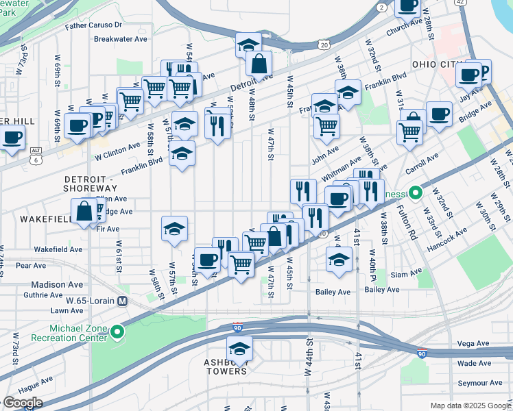 map of restaurants, bars, coffee shops, grocery stores, and more near 189 Bridge Court in Cleveland