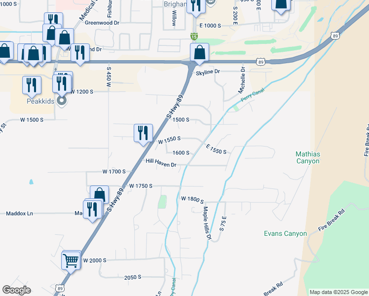 map of restaurants, bars, coffee shops, grocery stores, and more near 74 1600 South in Brigham City