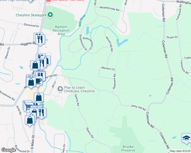 map of restaurants, bars, coffee shops, grocery stores, and more near 80 Merwin Circle in Cheshire